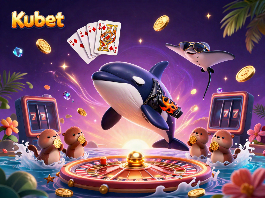 Kubet casino features a dynamic scene with a jumping biker orca whale and sea otters holding golden coins.