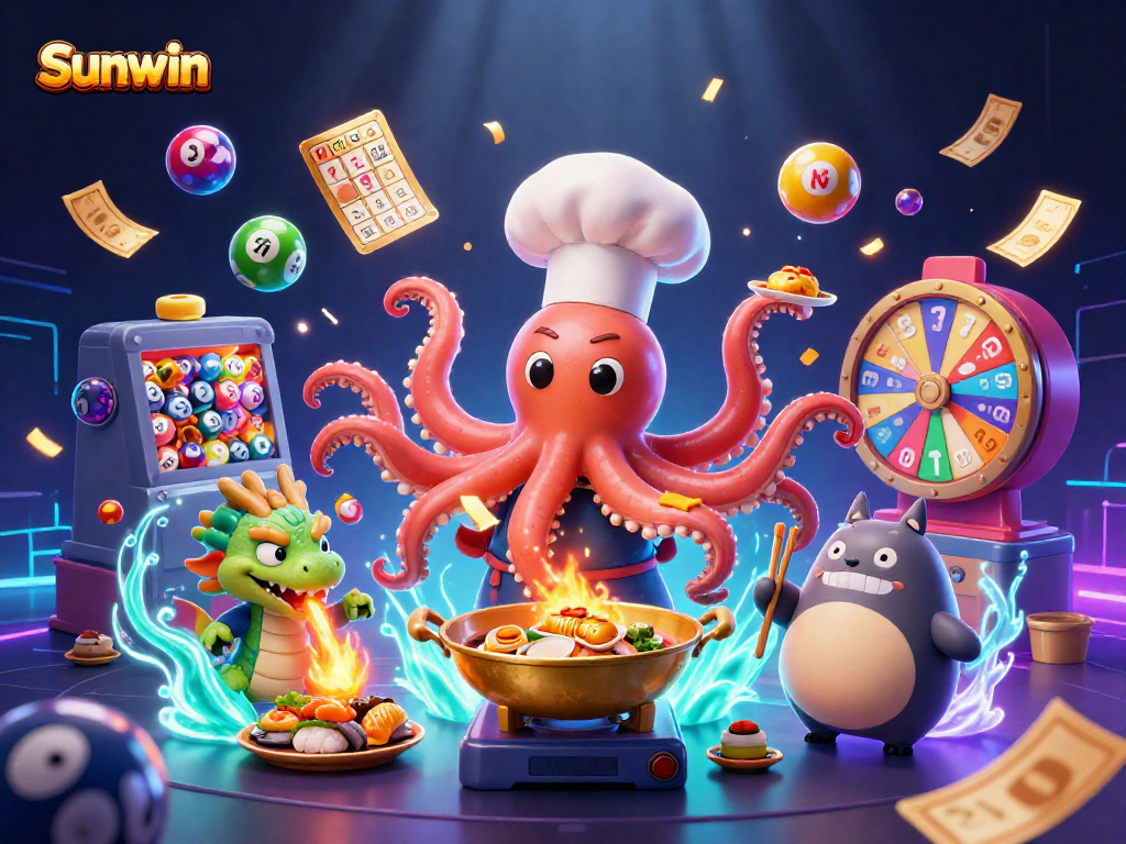 Sunwin showcases an exciting 3D casino experience with vibrant characters, dynamic lottery elements, and a playful atmosphere.