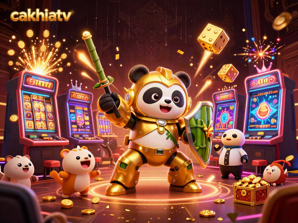 Cakhiatv delivers an energetic casino scene with a golden panda mech and festive slot machines.