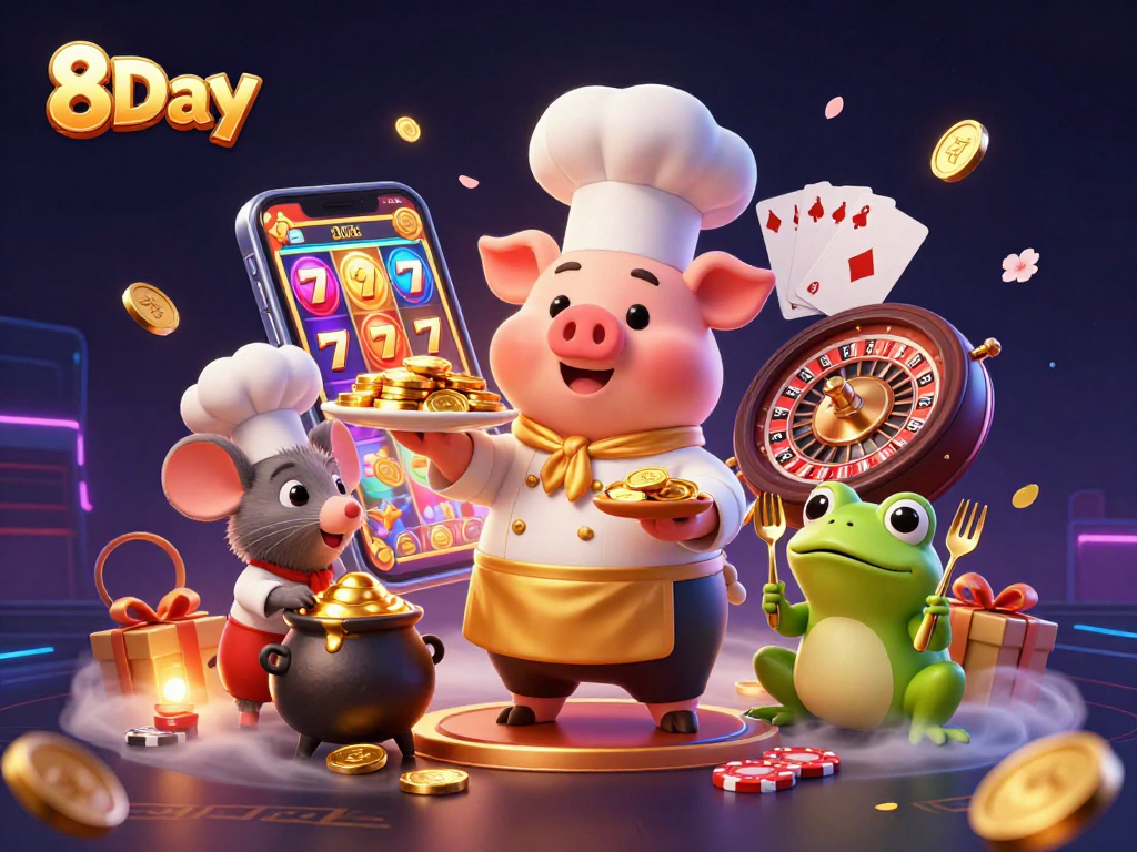 8Day casino scene featuring a chef pig serving gold coins while a mouse tastes molten gold and a frog critiques