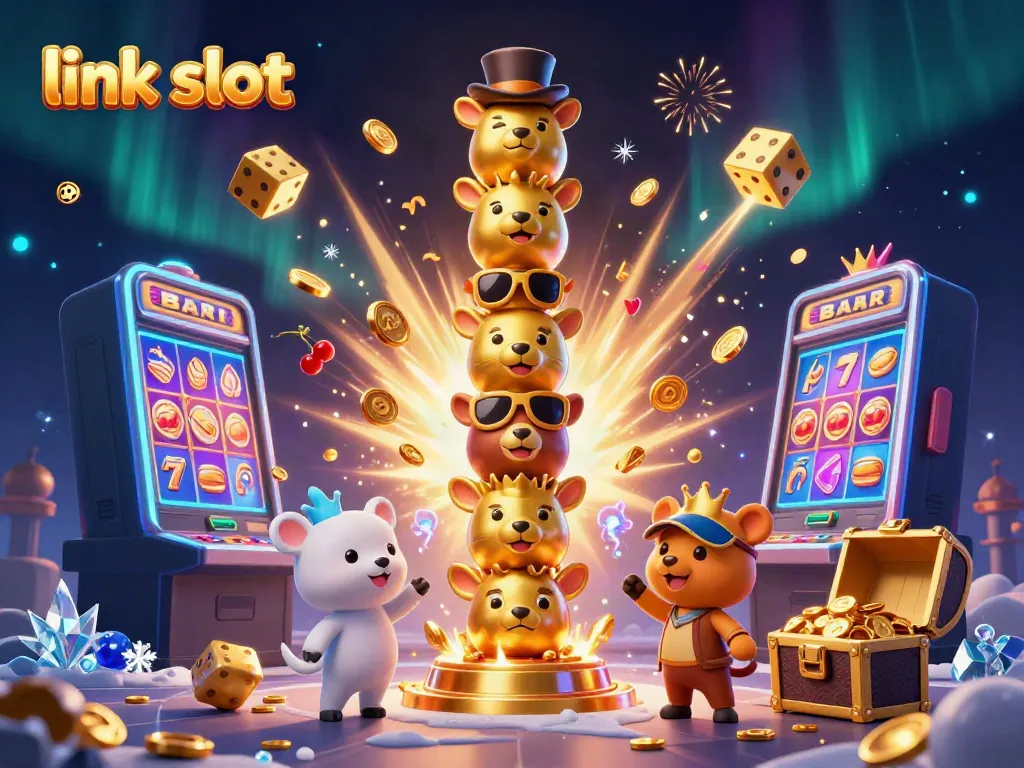 Play exciting games with link slot featuring a vibrant 3D casino experience filled with colorful elements.