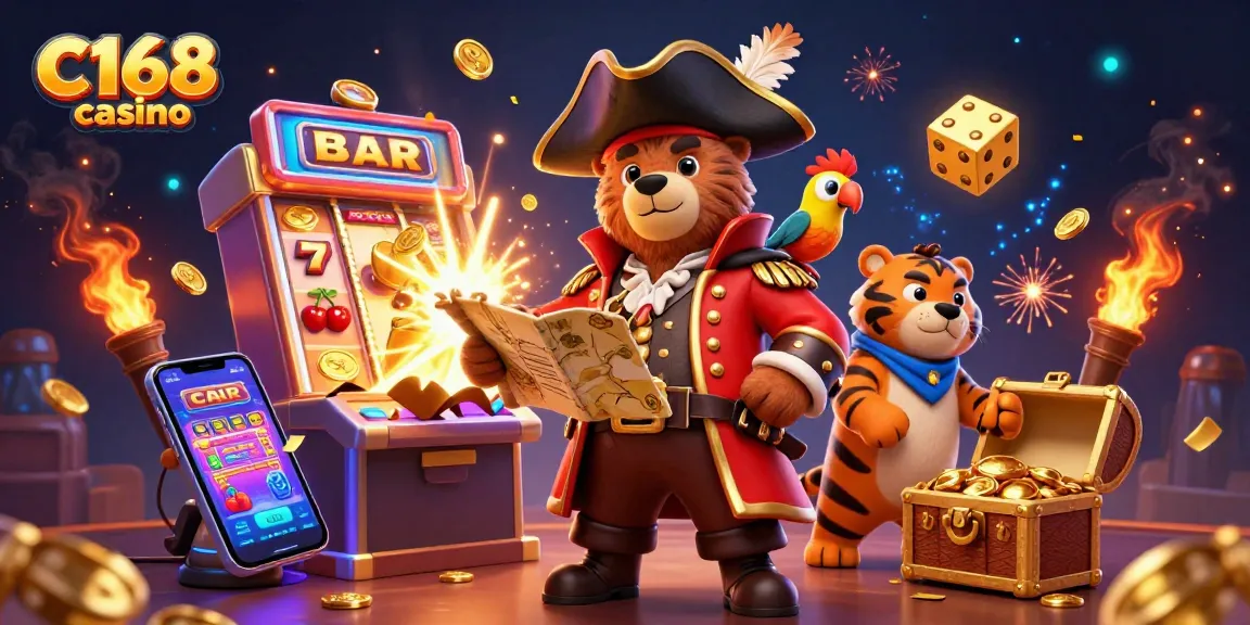 C168 casino vibrant illustration featuring a pirate bear and tiger amidst a jackpot burst in a dynamic casino setting.