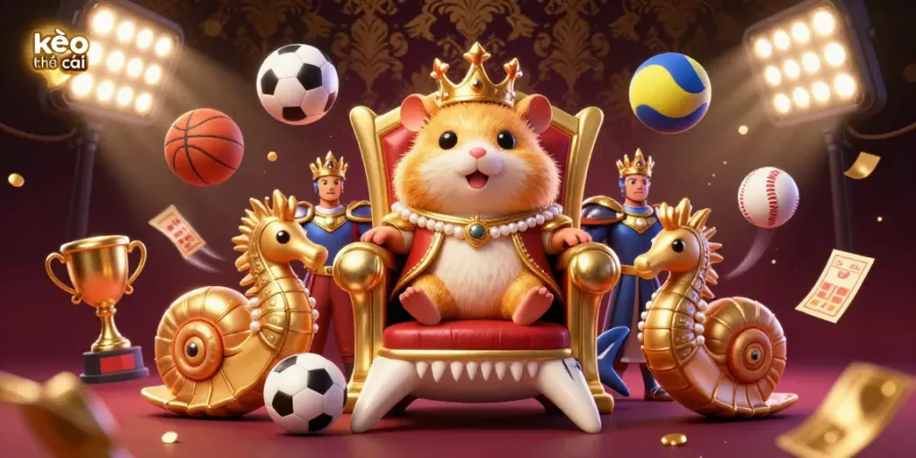 Exciting depiction of sports betting with the kèo nhà cái hamster king on a megalodon throne amidst dynamic sports elements.