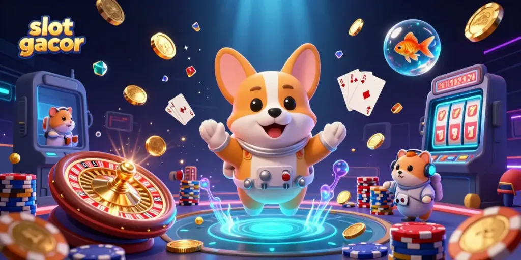 Experience the thrill of slot gacor in a dynamic space casino with floating characters and vibrant elements.