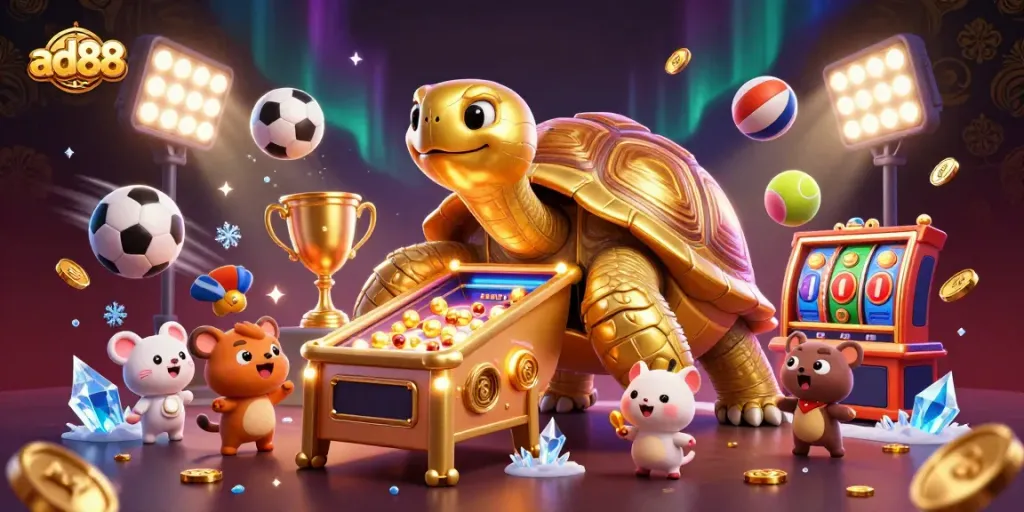 Play exciting games at ad88 with a colossal golden tortoise pinball machine and vibrant casino elements.