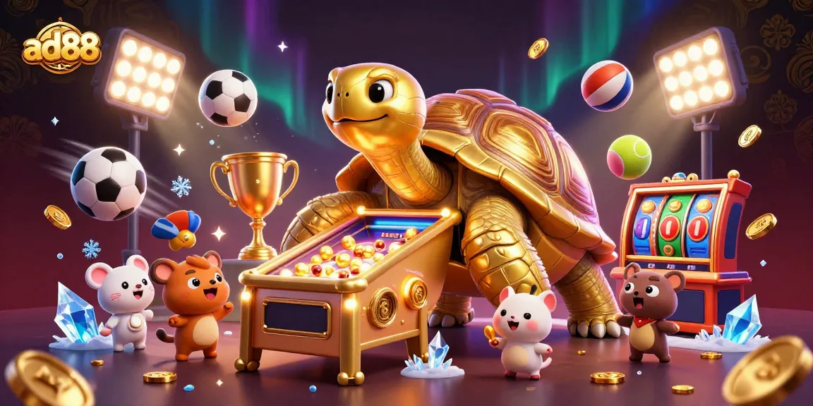 Play exciting games at ad88 with a colossal golden tortoise pinball machine and vibrant casino elements.