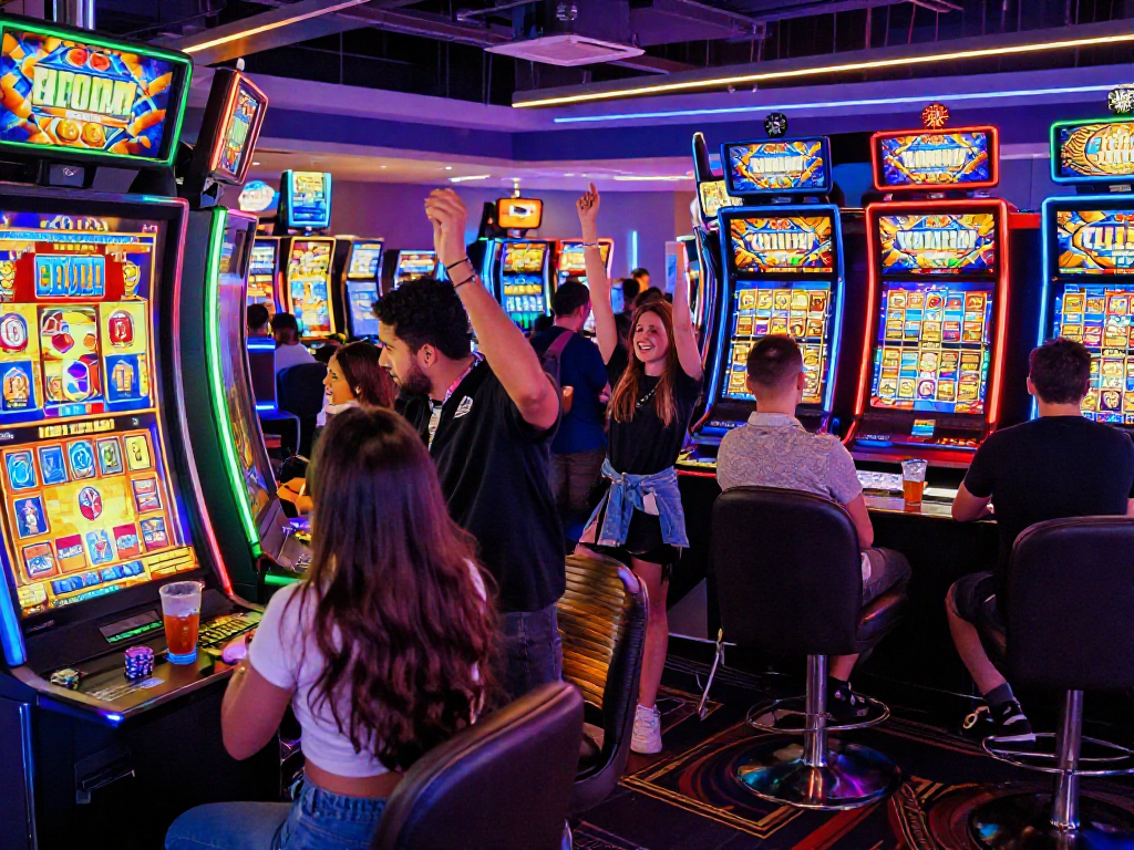 Enthusiastic players celebrating a slot jackpot win at a vibrant casino.