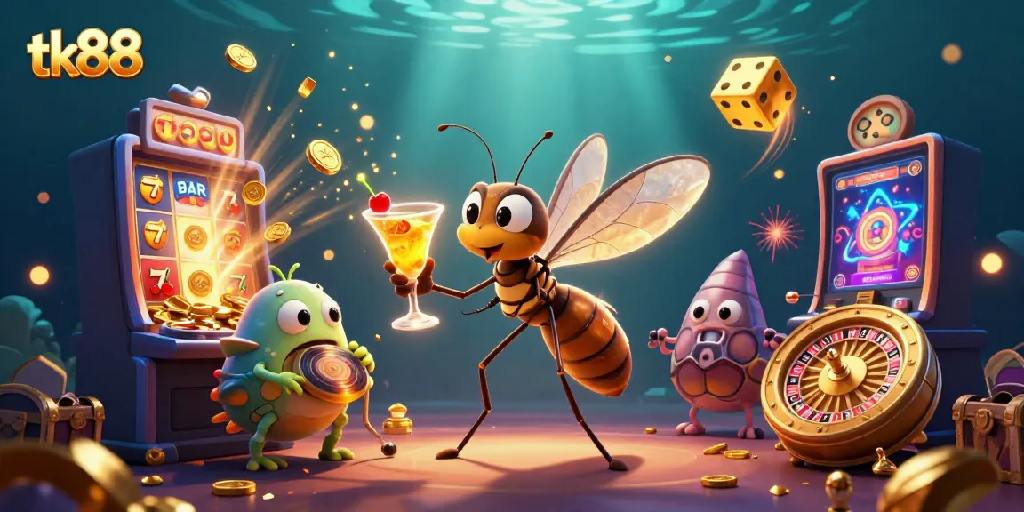 Experience excitement and fortune at tk88, where a frozen mosquito mascot and trilobite DJ animate a vibrant casino scene.