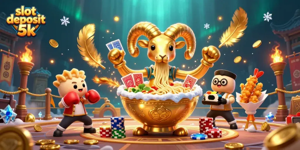 Engage with the thrilling world of slot deposit 5k, featuring colorful casino characters and dynamic game elements.