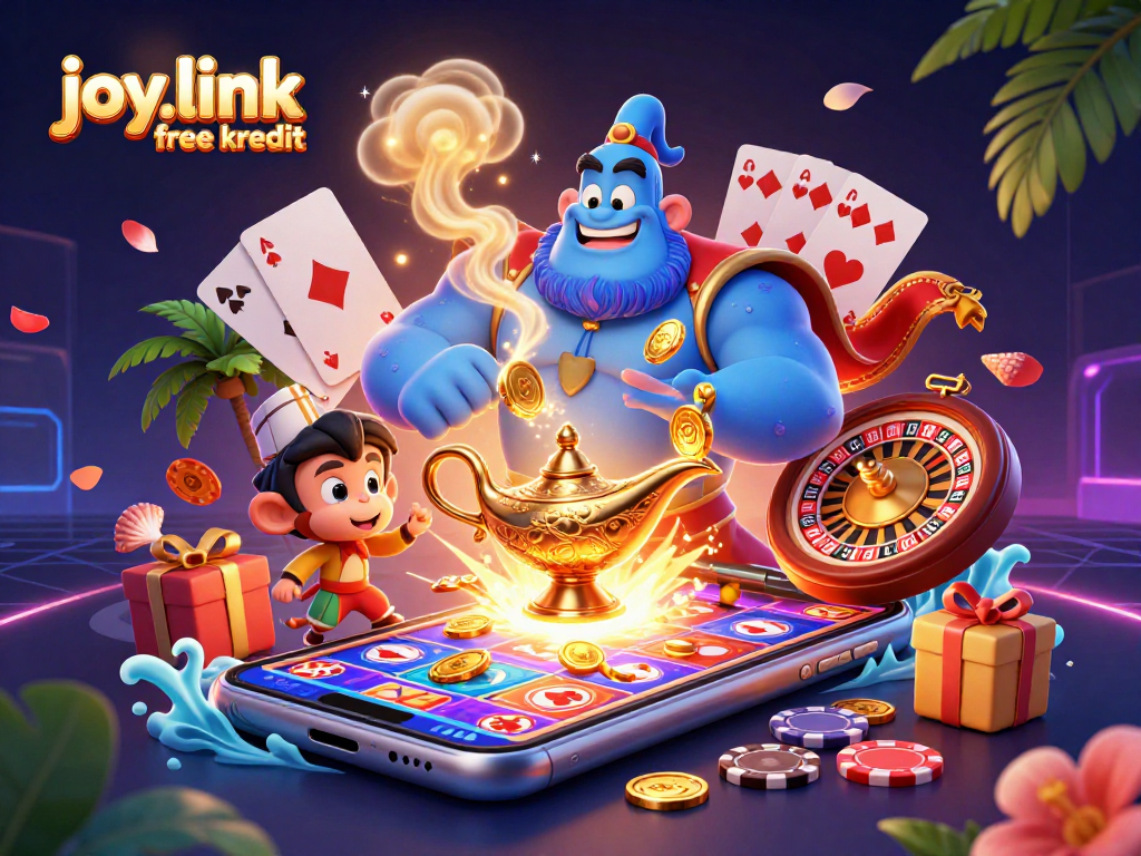 Experience joy.link free kredit with a vibrant casino scene featuring a genie, monkey, and magic elements.