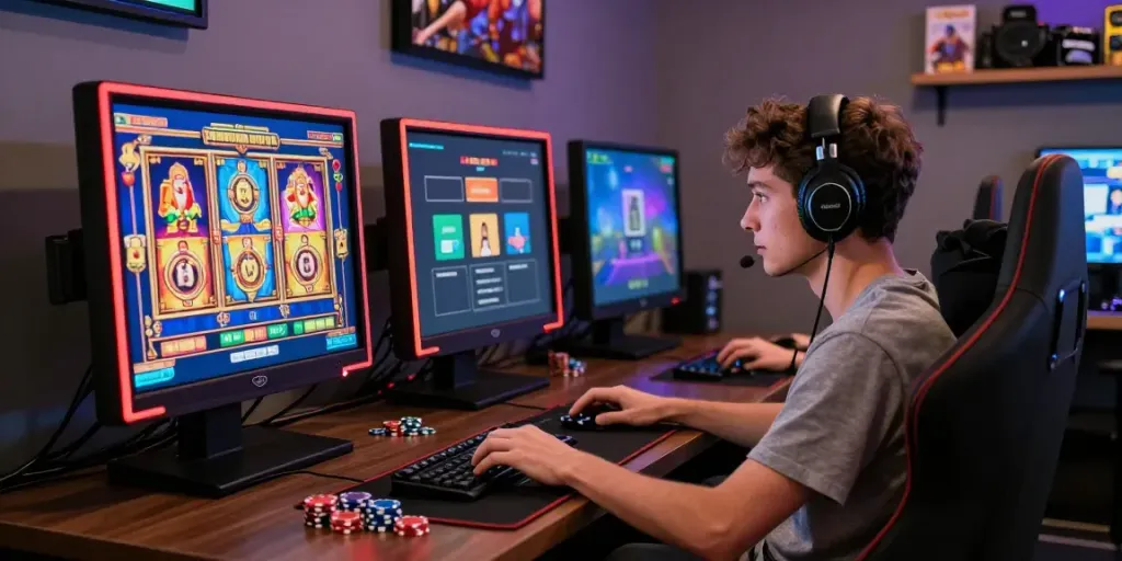 Engaged player enjoying king999 online slot game in a vibrant gaming room.