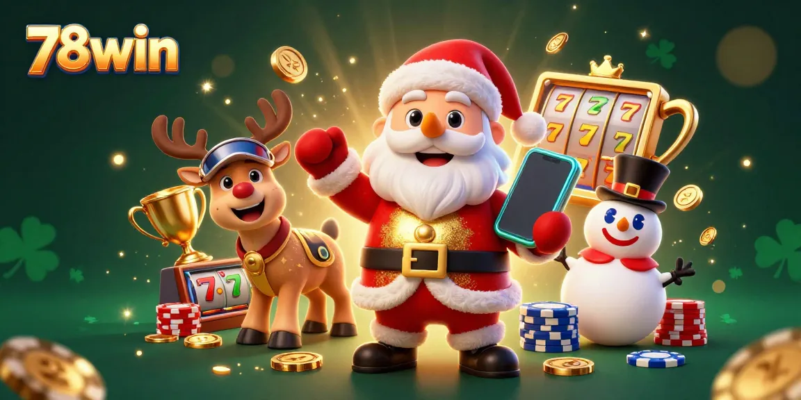 Experience 78win's thrilling jackpot slots with a festive Santa, reindeer, and snowman in this vibrant casino scene.