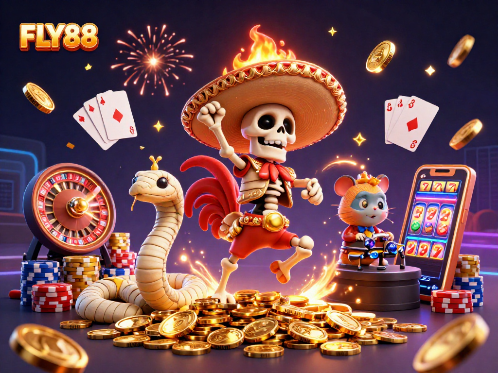 FLY88's vibrant casino scene showcases thrilling wins with animated characters and dazzling game elements.