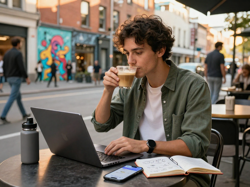 Motchill app in use by a young professional in a city café, showcasing productivity and urban lifestyle.