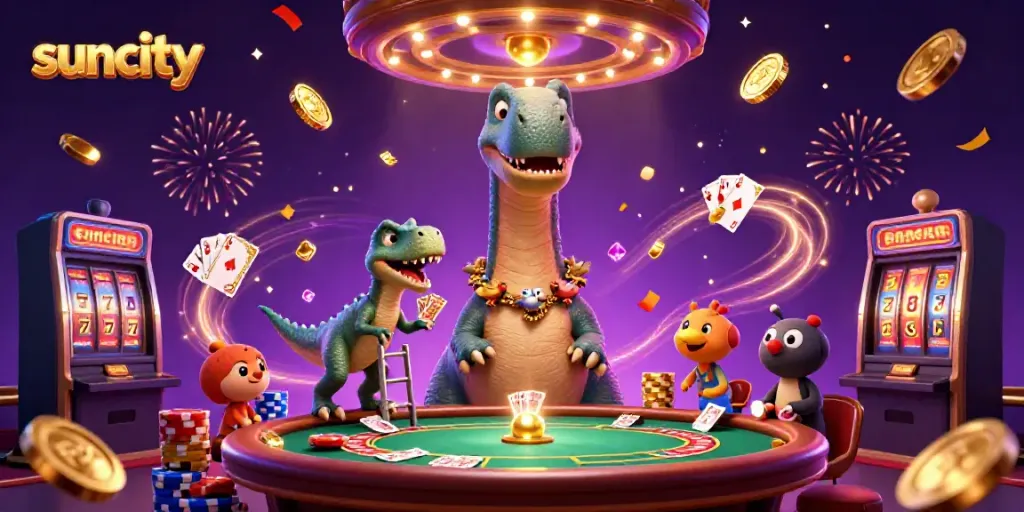 Experience the vibrant suncity casino scene with a giant dinosaur and exciting gaming elements.