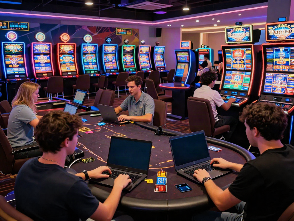 Engaging scene of online casinos that accept credit cards, showcasing players using credit cards and devices in a vibrant gaming environment.