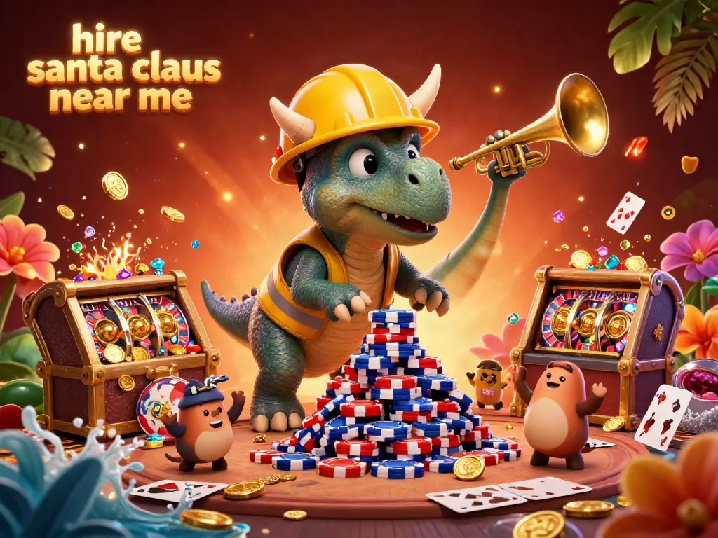 Engage in festive fun as you hire Santa Claus near me with colorful casino elements and joyful characters.