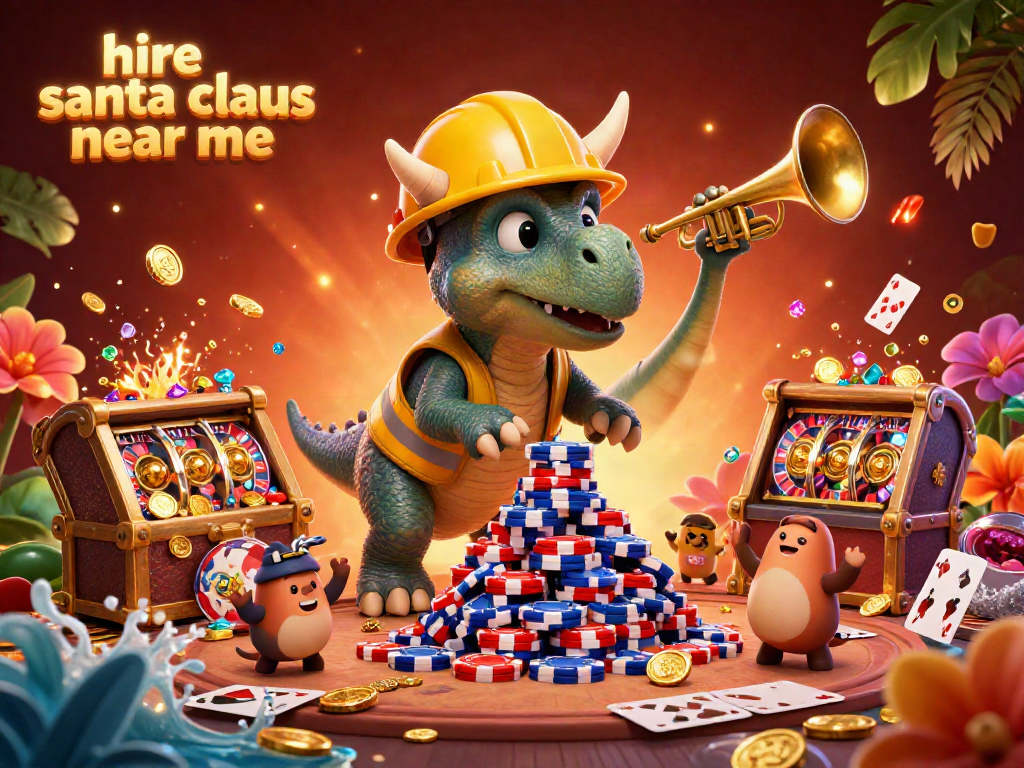 Engage in festive fun as you hire Santa Claus near me with colorful casino elements and joyful characters.
