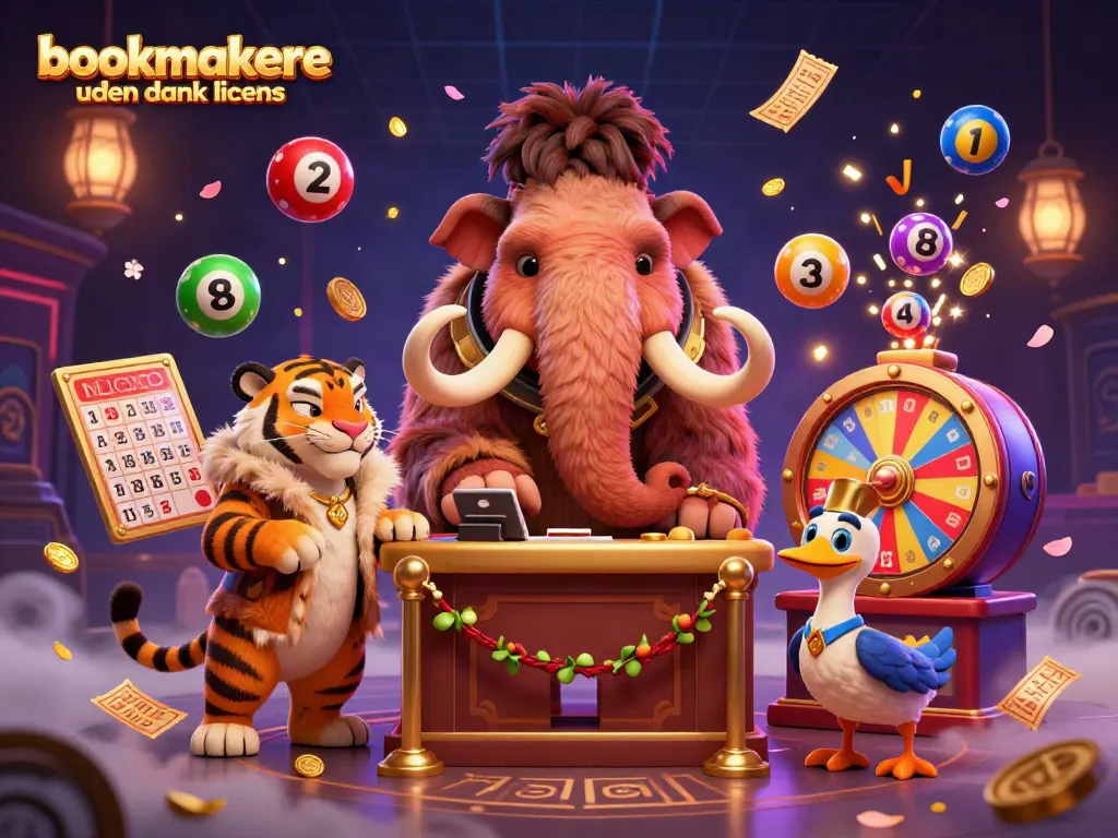 Bet on bookmakere uden dansk licens with dynamic lottery and casino elements in a vibrant illustration.