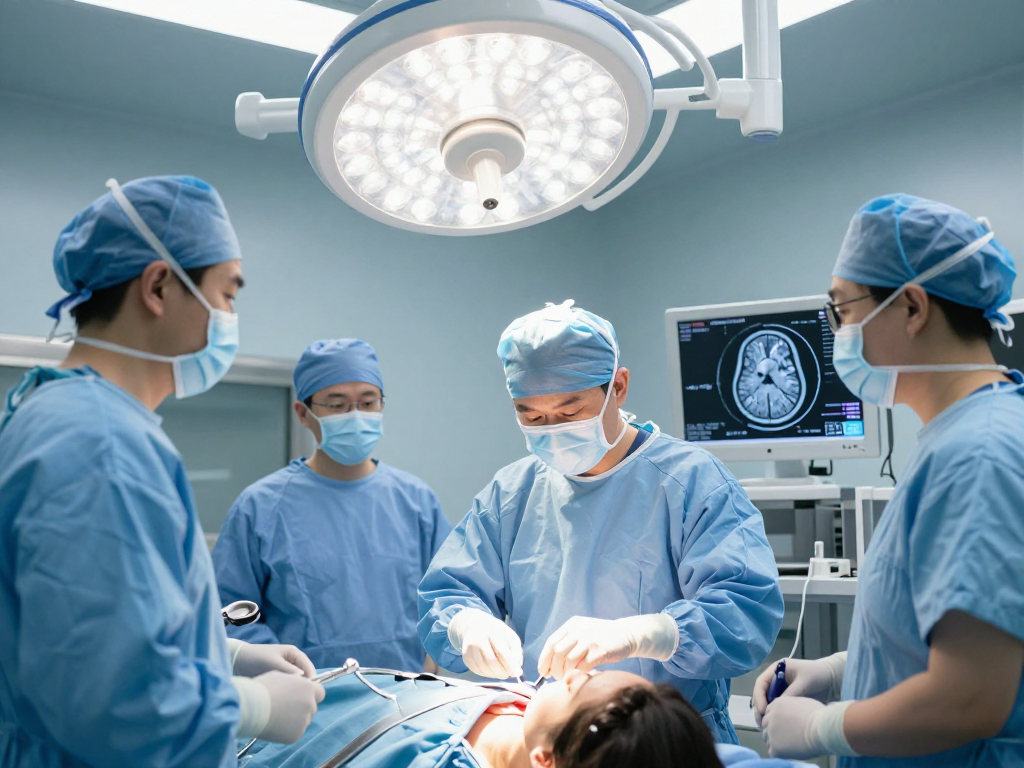 Neurosurgeon in Abu Dhabi performing a crucial surgery in a modern hospital setting, highlighting advanced medical technology and teamwork.