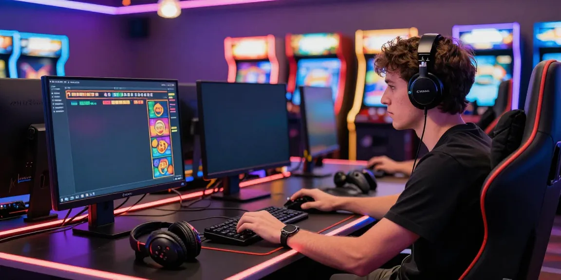 Permainan slot online dengan pemain fokus pada layar komputer di ruangan gaming modern.