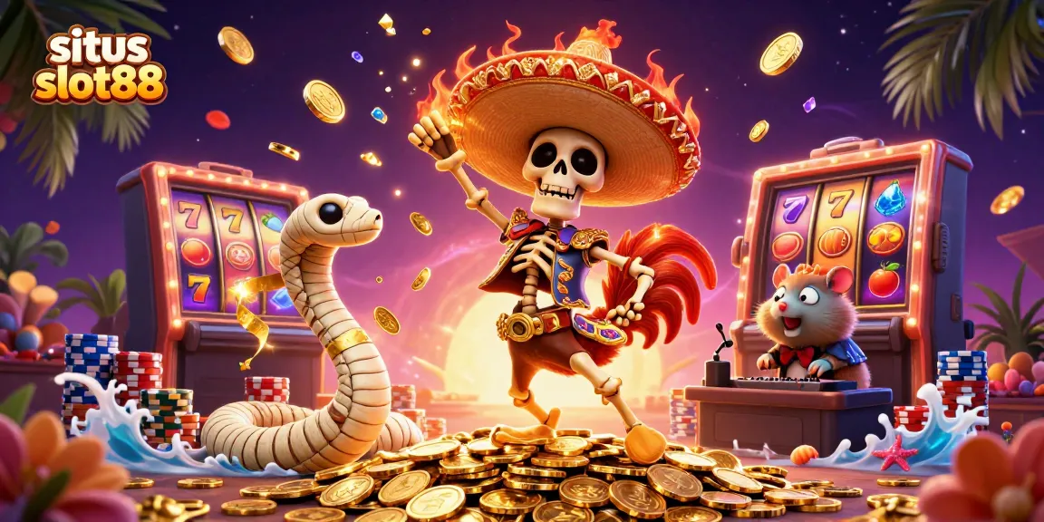Situs slot88 menampilkan skeleton mariachi dan karakter unik dalam suasana kasino yang meriah.