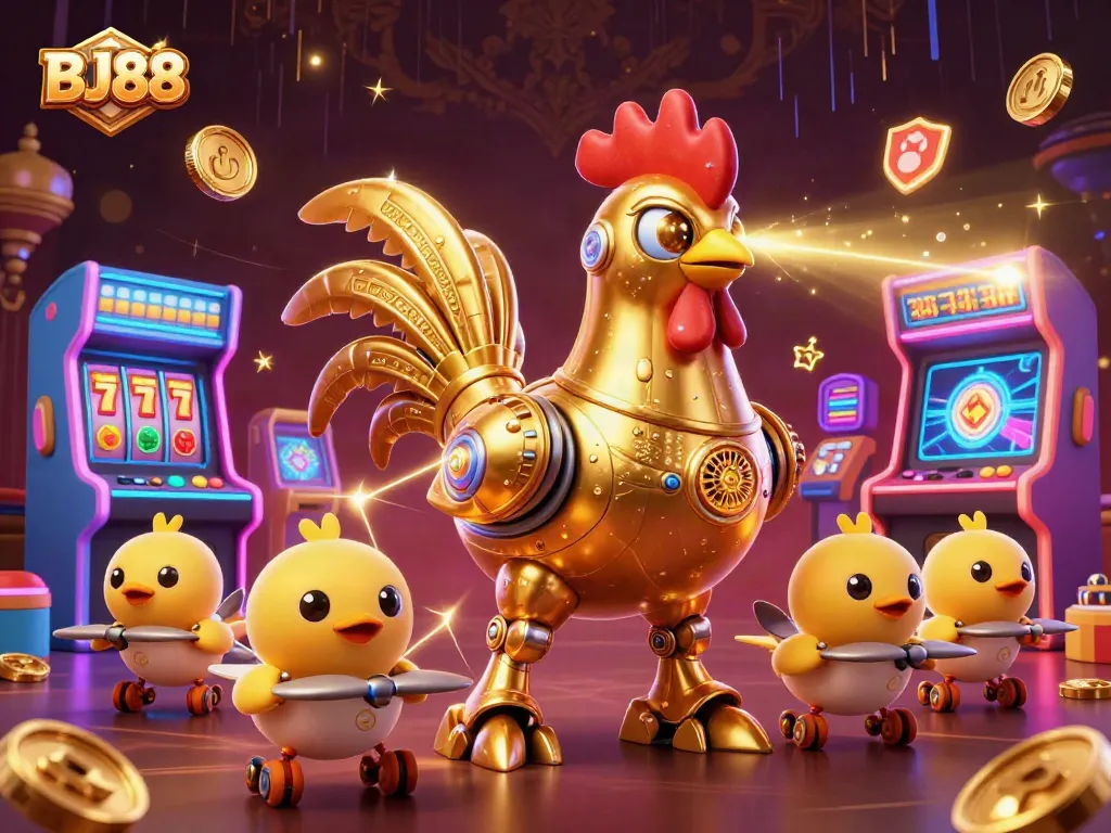 BJ88 showcases a vibrant casino scene with a retro-futuristic rooster robot and dynamic gaming elements, perfect for online betting.