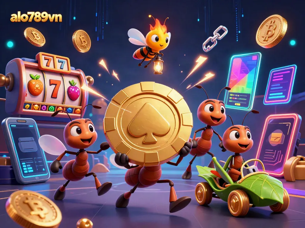 Experience the thrilling heist of alo789vn as cartoon ants sprint with a golden poker chip in a dynamic casino scene.