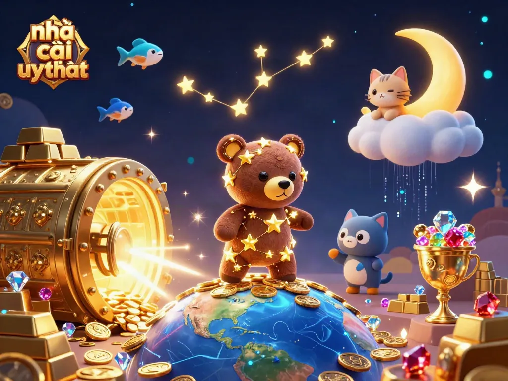 Engaging scene showcasing nhà cái uy tín with a constellation bear, gold coins, and vibrant casino elements.