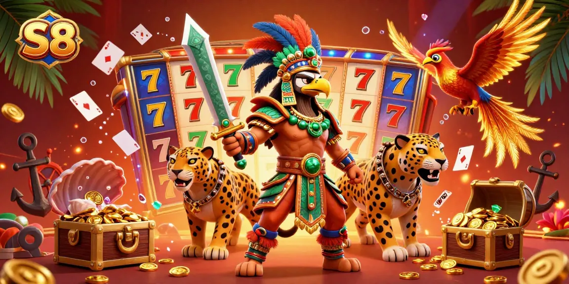 Experience thrilling gameplay at S8 with vibrant casino elements, showcasing an Aztec eagle warrior.