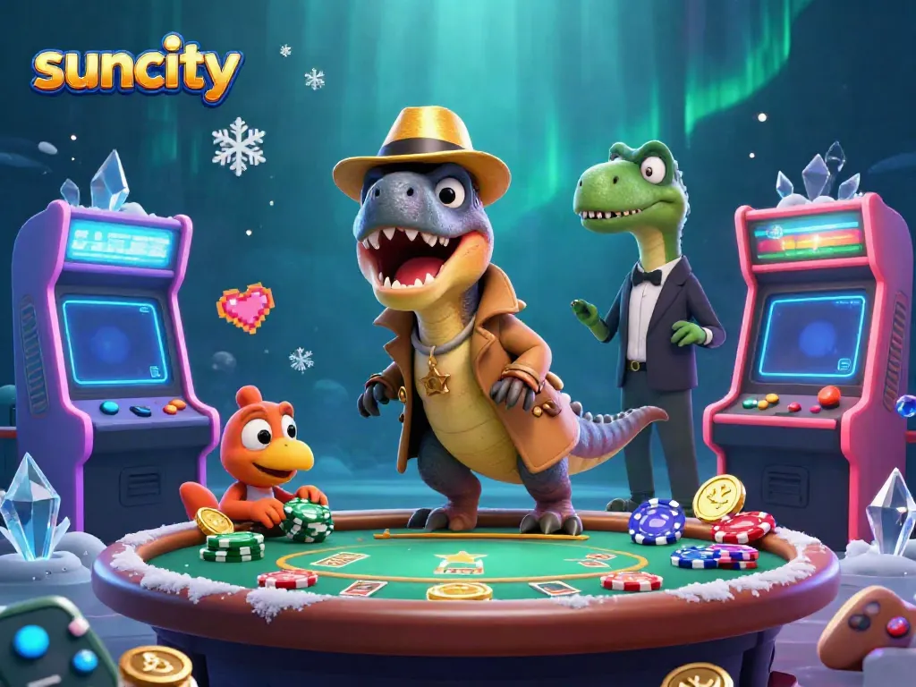 Experience high-energy gaming action at suncity with a playful velociraptor card counter amidst captivating arcade elements.