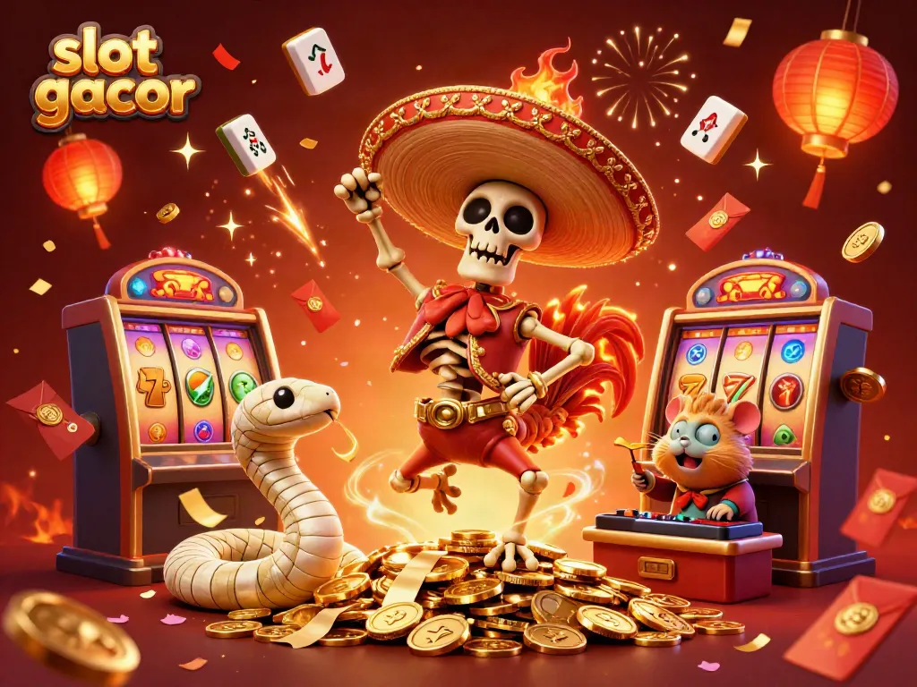 Engage with slot gacor visuals of a jubilant mariachi rooster, lucky slots, and festive elements