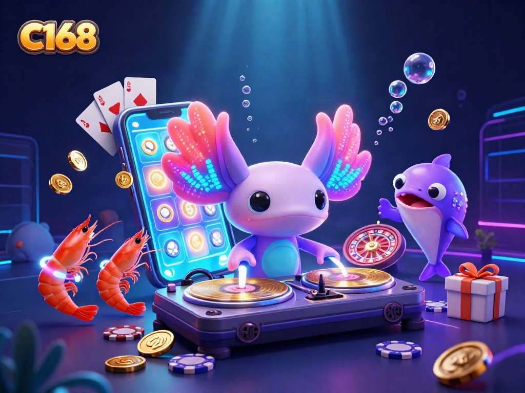 C168 thrills with vibrant casino fun featuring a neon axolotl DJ, dancing shrimp, and lively game elements.