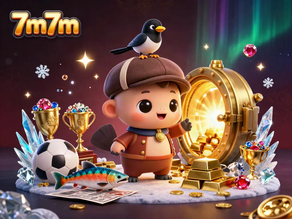 Experience sports betting excitement with 7m7m; illustrated scene of Nessie and friends among treasure.