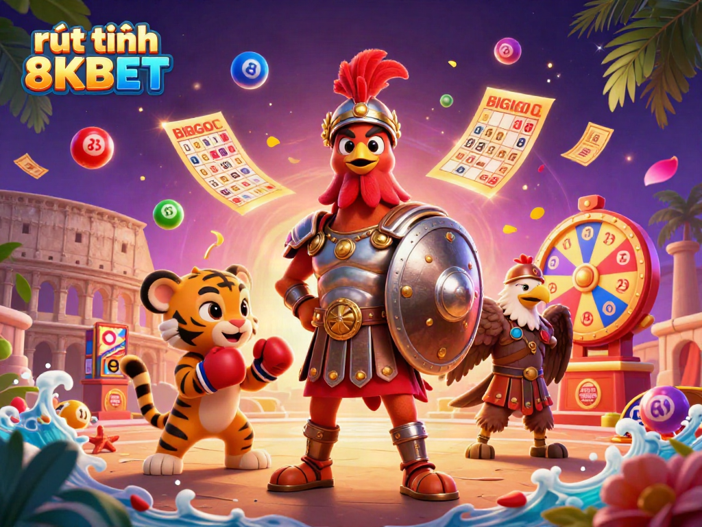 Catch exciting wins with rút tiền 8KBET in vibrant casino-themed illustration featuring a lively rooster.