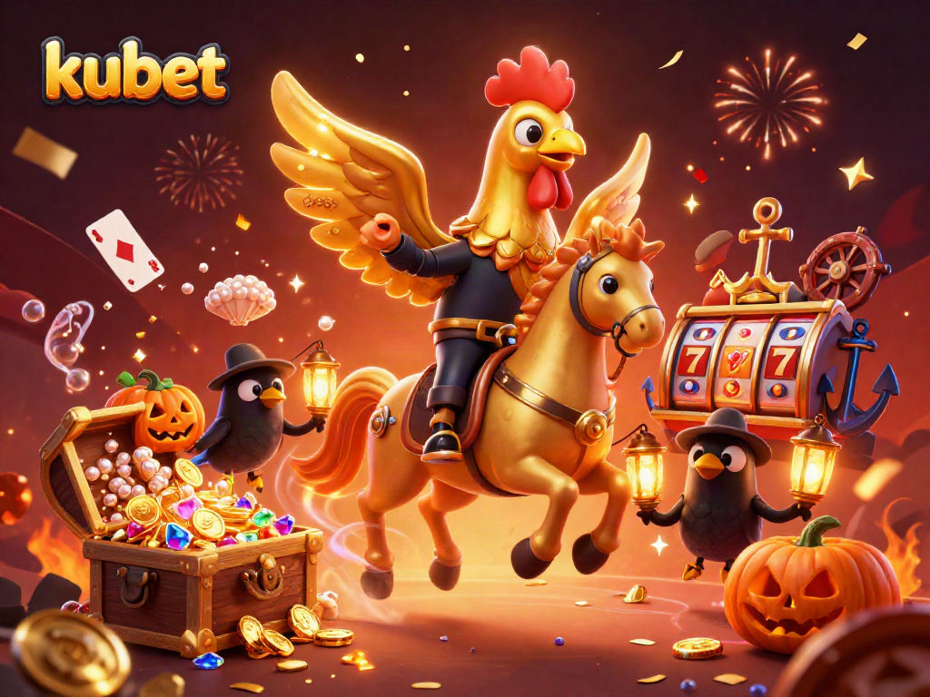 Kubet players enjoying a lively casino scene with a golden rooster and shimmering treasures.
