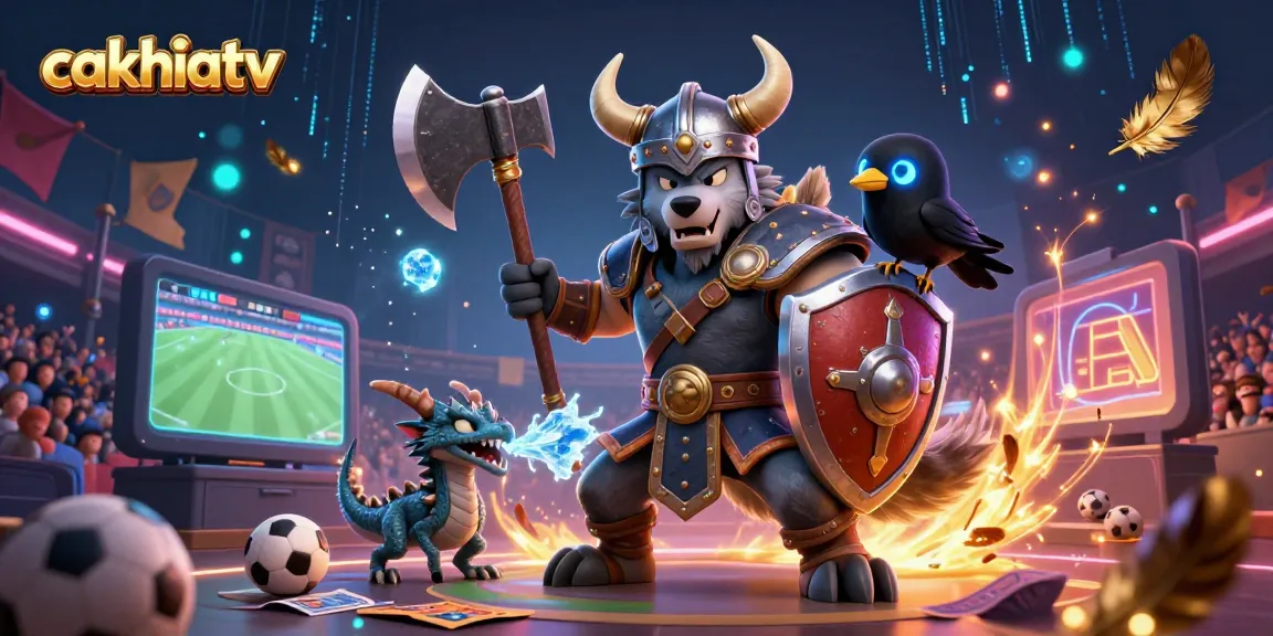 Cakhiatv's immersive sports betting scene with a Viking wolf warrior and dragon amplifying live football excitement.