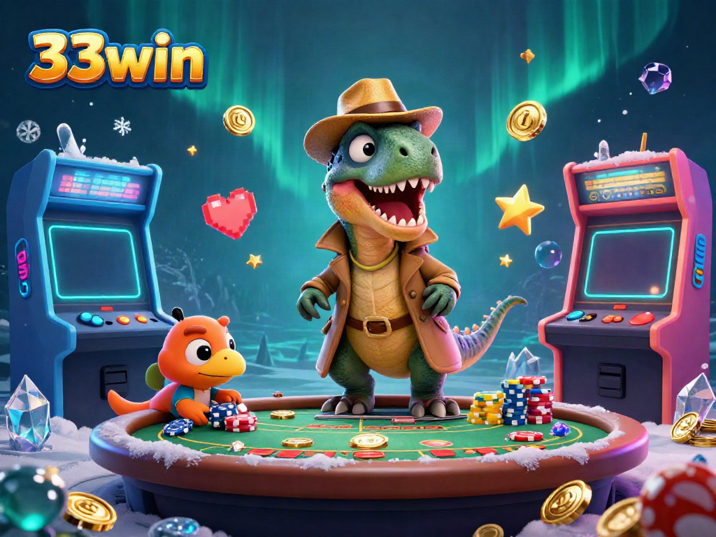 Experience thrilling gameplay at 33win with a raptor at the blackjack table, gaming elements abound.