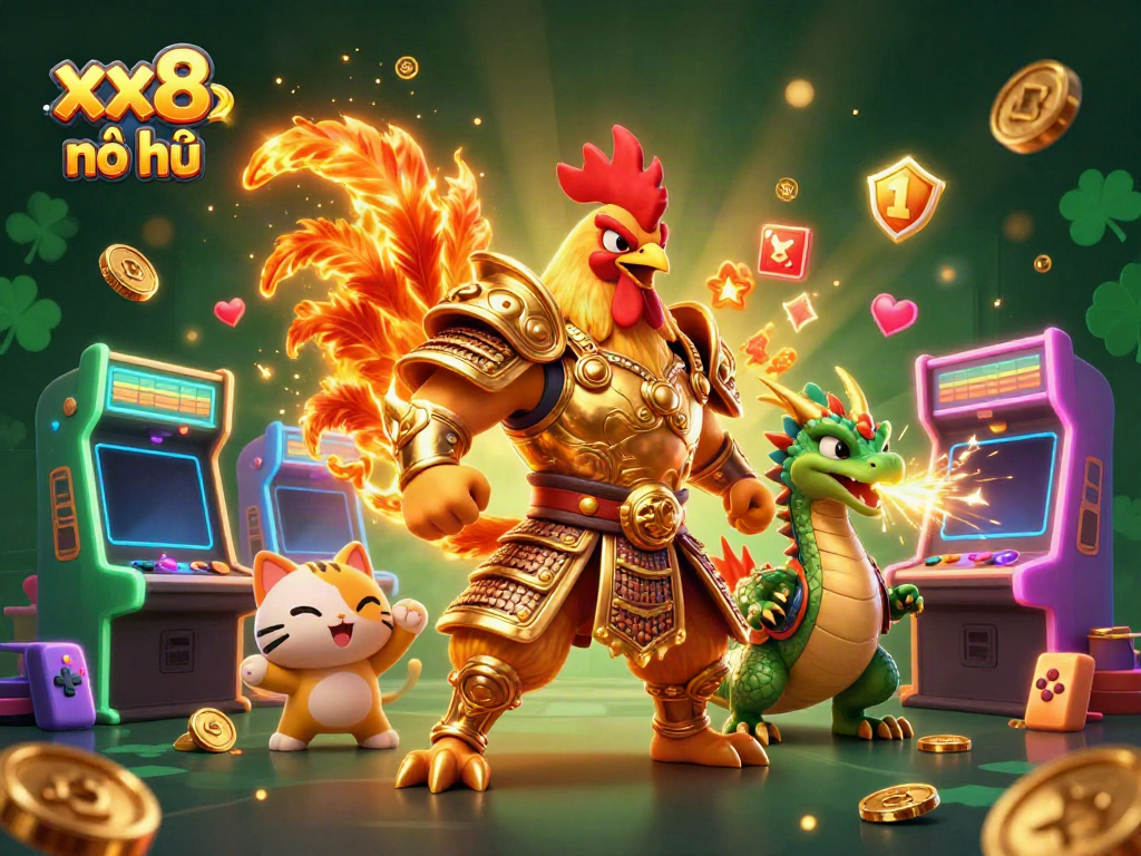Experience excitement with xx8 nổ hũ in a vibrant, highly detailed 3D casino scene featuring a rooster warrior and dragon hatchling.