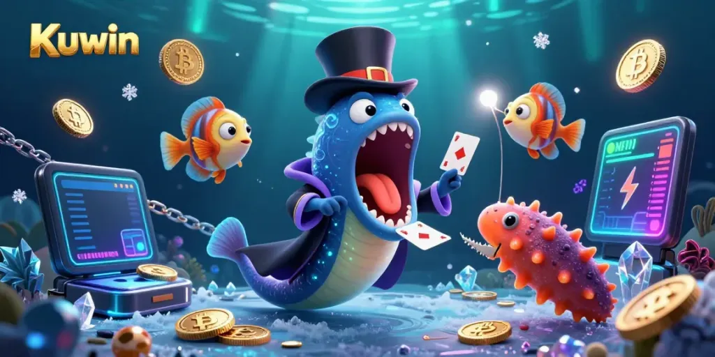 Kuwin showcases a magical underwater casino with glowing coins and creative sea creatures in action.