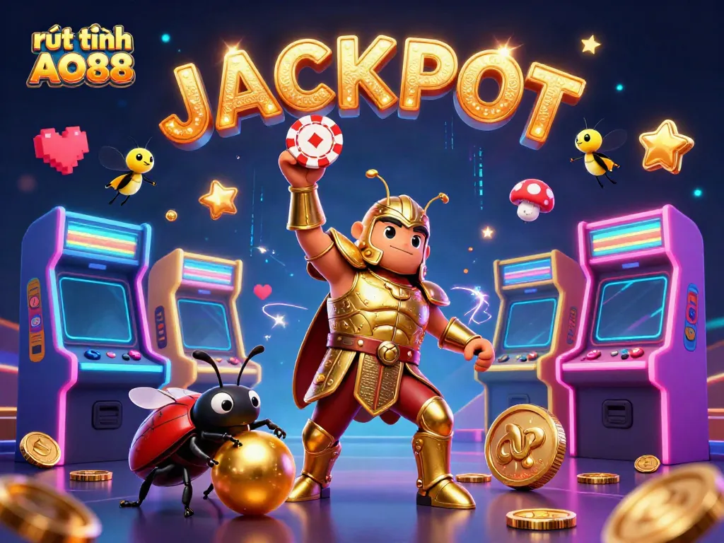 Experience rút tiền AO88 with a victorious hercules beetle lifting a chip in a vibrant casino scene.