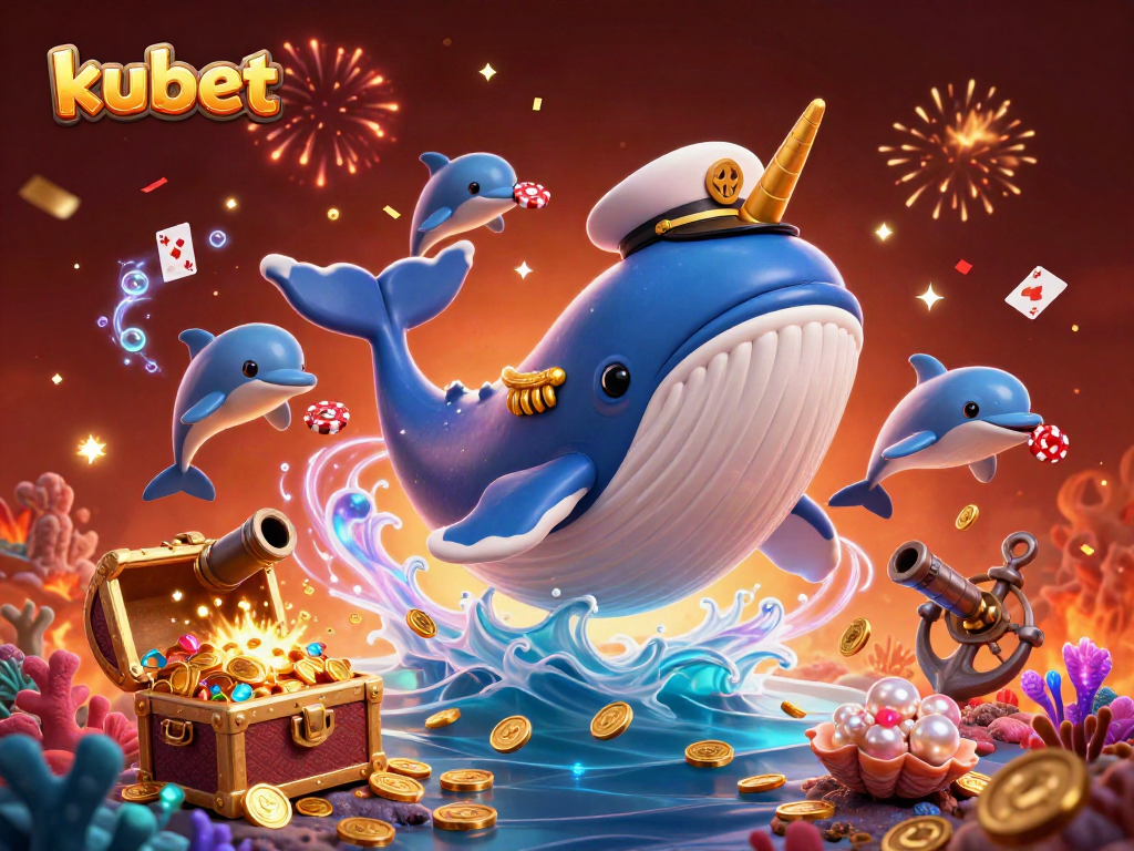 Experience the excitement of kubet with a vibrant 3D casino-themed underwater scene featuring playful marine characters and treasure.
