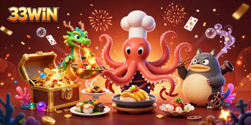 Experience the excitement of 33WIN with vibrant casino elements and entertaining characters in a dynamic scene.