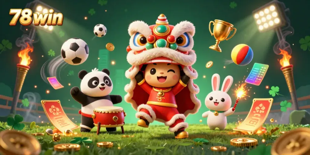 Engage with 78 win through lively casino scenes featuring energetic lion dance, fun characters, and dynamic sports elements.