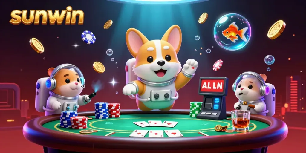 Engaging scene from sunwin featuring a corgi astronaut in a casino, with floating poker chips and vibrant game elements.
