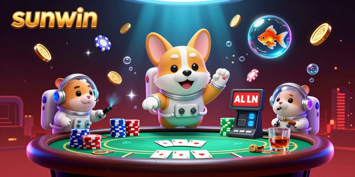 Engaging scene from sunwin featuring a corgi astronaut in a casino, with floating poker chips and vibrant game elements.