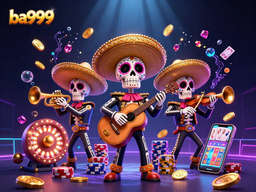 Engage with ba999 in this vibrant scene showcasing a mariachi band with casino elements.