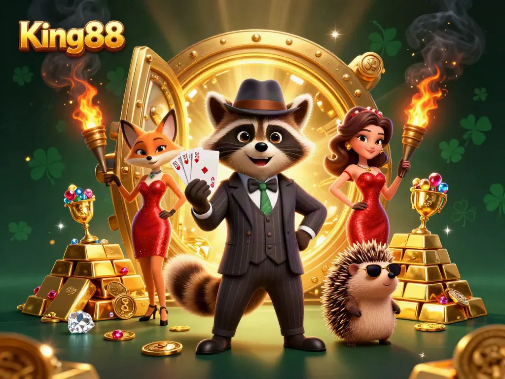 Experience the excitement of King88 with a raccoon holding a royal flush amidst treasures.