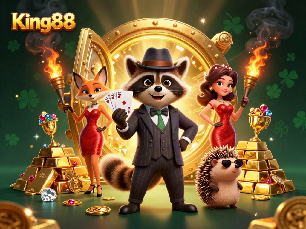 Experience the excitement of King88 with a raccoon holding a royal flush amidst treasures.