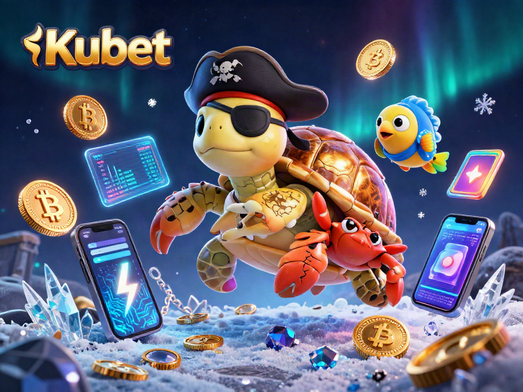 Kubet showcases a vibrant 3D pirate turtle scene loaded with crypto elements, highlighting exciting gaming potential.